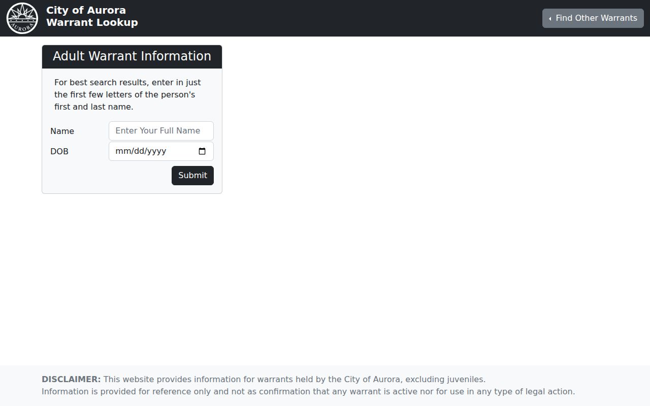 Empty official Aurora adult municipal warrant lookup form
