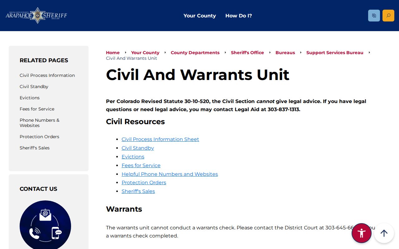Arapahoe County warrant records Civil and Warrants Unit official route