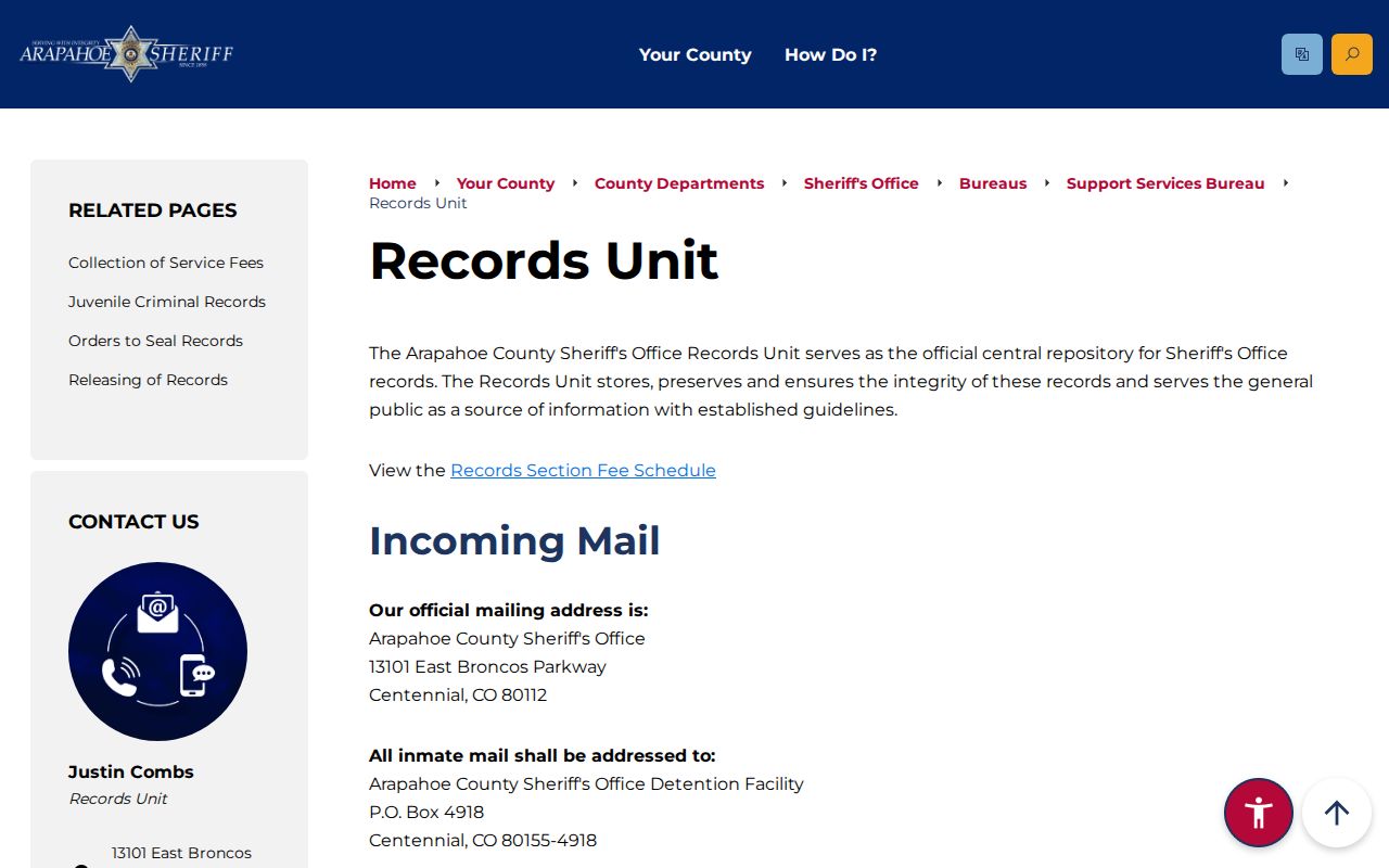 Arapahoe County warrant records Sheriff Records Unit options