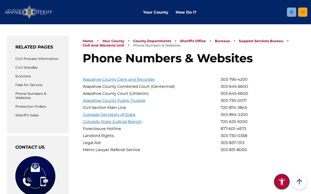 Arapahoe County warrant records official court phone directory